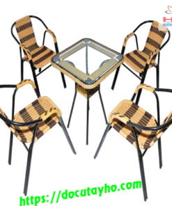 Bộ bàn ghế cafe nhựa giả mây tay kép